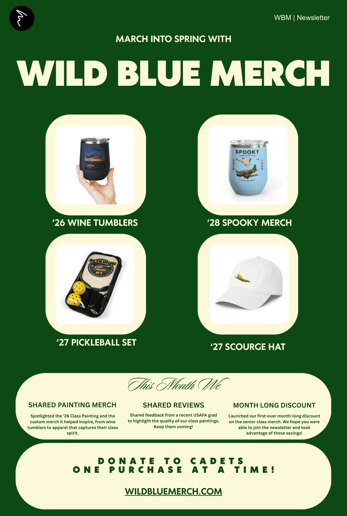 Wild Blue Merch March Newsletter featuring '26 Wine Tumblers, '28 Spooky Merch, and '27 Pickleball Gear.